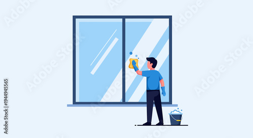 Indoor Painter at a Large Window Frame in Action. Vector Illustrations. EPS Editable