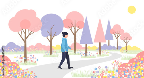 Pastel Park Stroll Through Tranquil Spring Landscape. Vector Illustrations. EPS Editable