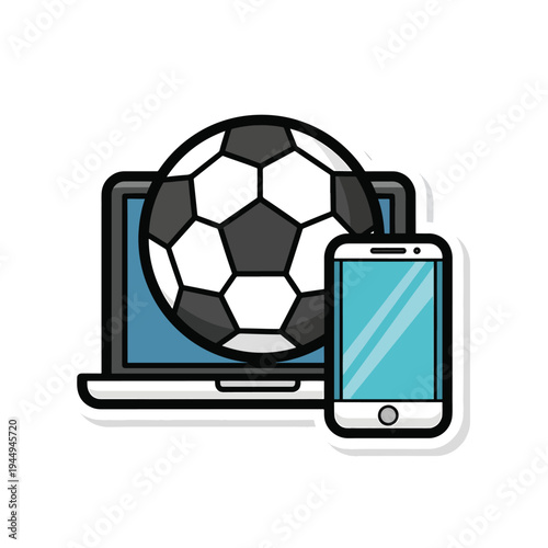 Dynamic soccer ball graphic icon overlapping blue laptop and phone, highlighting white outline for streaming media app illustration