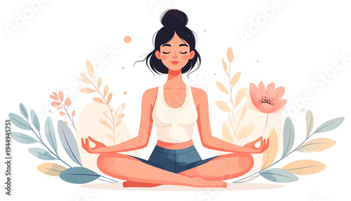 Peaceful Mindful Meditation in a Relaxed Lotus Pose. Vector Illustrations. EPS Editable