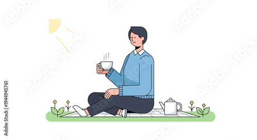 Peaceful picnic meditation with tea and idea. Vector Illustrations. EPS Editable