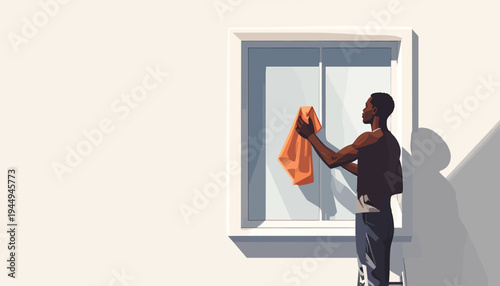 Person Cleaning Window With Cloth In Bright Home Interior. Vector Illustrations. EPS Editable
