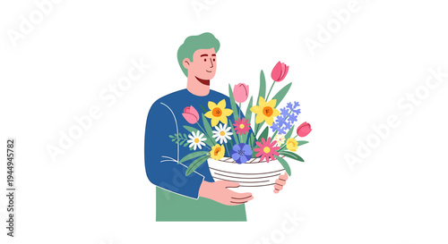 Person Holding Colorful Bouquet Of Flowers For Gift. Vector Illustrations. EPS Editable