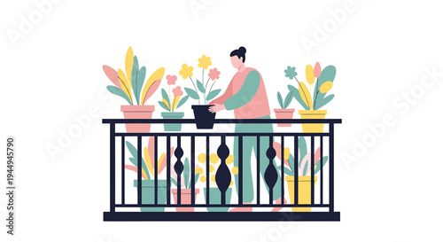 Person on Balcony Working with Plants and Laptop. Vector Illustrations. EPS Editable