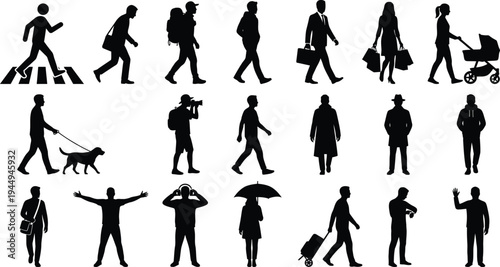 Collection of diverse pedestrian and activity silhouettes representing various people in motion.