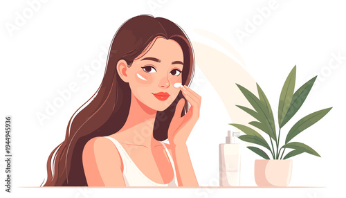 Portrait of a Young Woman Applying Skincare by a Plant. Vector Illustrations. EPS Editable