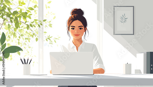 Professional woman at a bright modern desk working on a laptop in a calm office space. Vector Illustrations. EPS Editable