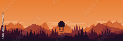 Serene dusk over majestic mountains and watchtower for spiritual retreat presentation background