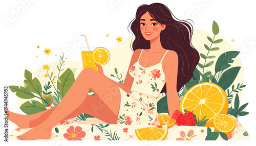 Relaxed Woman Enjoying Fresh Fruit Drink in Sunny Garden. Vector Illustrations. EPS Editable