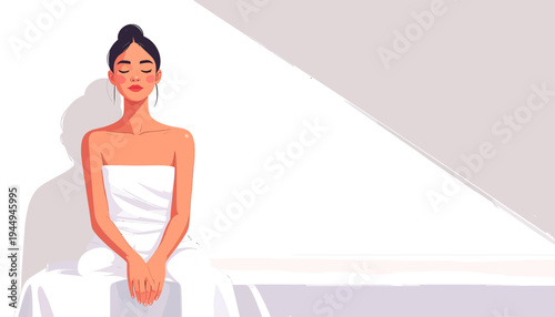 Relaxed Woman In Spa Setting Wearing A White Towel. Vector Illustrations. EPS Editable