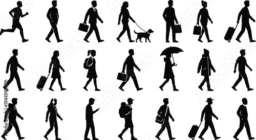 Collection of diverse pedestrian silhouettes depicting various activities like running walking and commuting daily