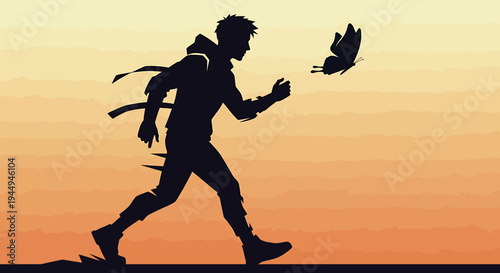 Silhouette Runner At Sunset With Birds In Flight. Vector Illustrations. EPS Editable