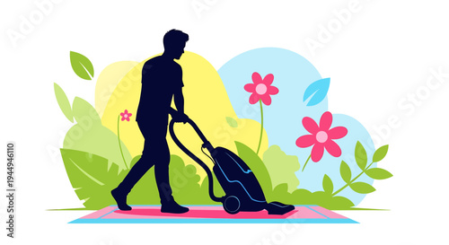Silhouette Person Mowing Lawn In Garden With Flowers. Vector Illustrations. EPS Editable