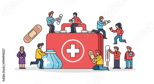 Medical emergency first aid kit and health care professionals helping people with first aid supplies and medical equipment illustration