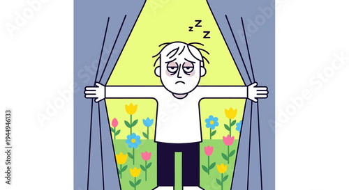 Sleepy Person Awakens At Window Curtain Morning Scene. Vector Illustrations. EPS Editable