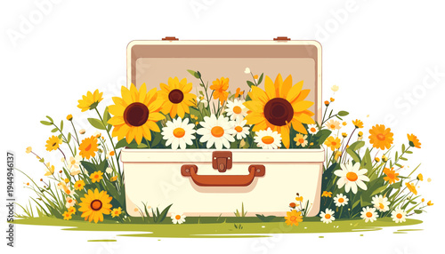 Sunny Floral Suitcase Bursting With Bright Summer Flowers. Vector Illustrations. EPS Editable