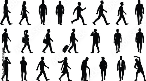 Collection of diverse human silhouettes depicting various actions including walking, running, and standing poses.