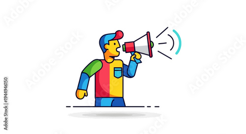 Illustration of a man with a megaphone, announcing news or making an important statement