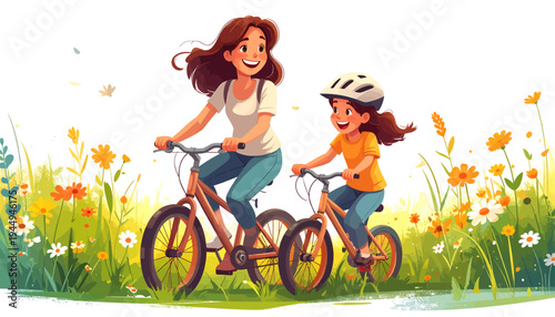 Two Children Riding Bicycles Together Through Sunny Meadow. Vector Illustrations. EPS Editable
