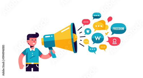 Person holding a megaphone with speech bubbles conveying messages of freedom and communication