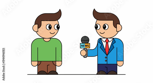 Journalist interviewing a person with a microphone on a white background, cartoon style illustration