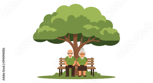 Two Elderly People Resting on a Bench Under a Tree in Park. Vector Illustrations. EPS Editable