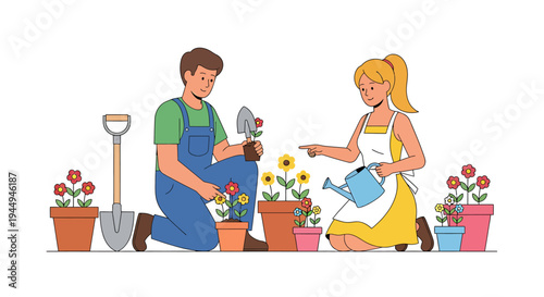 Two Gardeners Working Outdoors Planting Flowers Together. Vector Illustrations. EPS Editable
