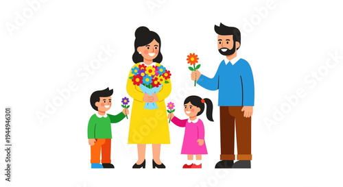 A happy family presenting flowers, celebrating a special occasion with joy and affection, capturing a moment of togetherness and love