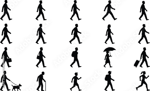 Collection of diverse pedestrian silhouette icons illustrating various activities and movements in profile.