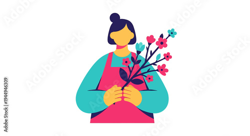 Woman Holding Colorful Flowers Illustration with Bouquet. Vector Illustrations. EPS Editable