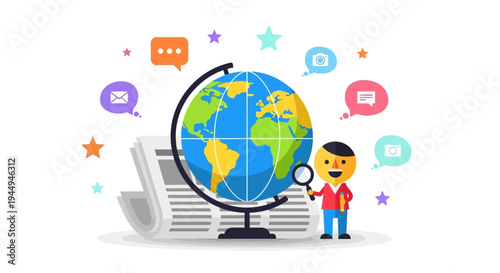 Exploring Global Communication A Character Investigates World News and Digital Information Flow with a Magnifying Glass