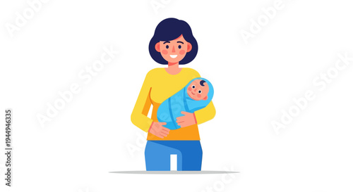 Happy mother holding her newborn baby closely, a tender moment of maternal love and care captured in a charming illustration