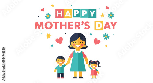 Joyful Mother's Day celebration illustration featuring a loving mom holding hands with her two happy children, symbolizing family love and appreciation
