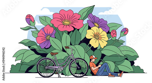 Woman Relaxing By Bicycle Among Colorful Flowers Outdoors. Vector Illustrations. EPS Editable