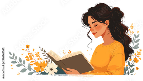 Woman Reading a Book Amid Floral Decor and Soft Light. Vector Illustrations. EPS Editable