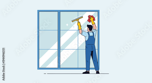 Worker Cleaning Large Window with Spray Bottle. Vector Illustrations. EPS Editable
