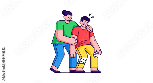Caring woman assists injured man with bandaged leg, offering support and a helping hand during his recovery process or an emergency