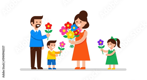 A happy family of four giving flowers to each other in a bright, cheerful illustration on a white background