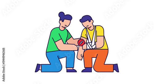 Compassionate First Aid Assistance Person Provides Care to Injured Man with Arm Sling and Bandage Illustrating Medical Support