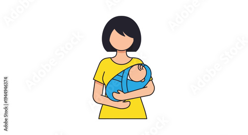 Stylized illustration of a loving mother gently holding her newborn baby, symbolizing maternal care and family connection