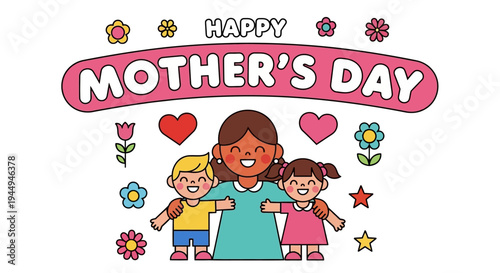 Happy Mother's Day illustration featuring a joyful mother embracing her two children surrounded by colorful flowers and hearts