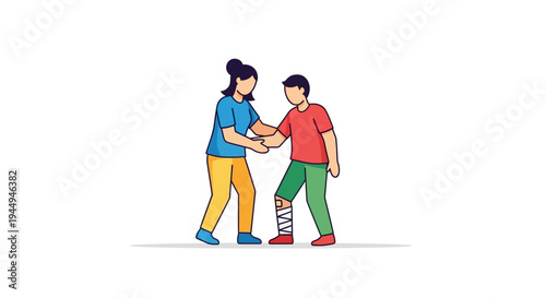 Assistance for Injured Person A Helpful Hand Offering Support and Care for a Leg Bandage