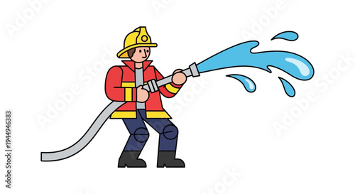 Firefighter holding a hose, spraying water, vector illustration