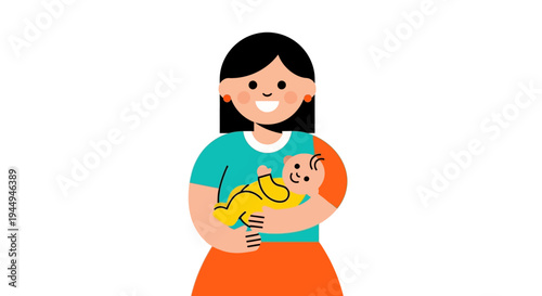 Joyful mother lovingly cradling her adorable baby, a heartwarming flat design vector illustration depicting family care and maternal bond