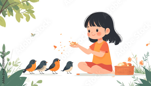 Young Girl Feeding Birds in a Sunny Park Scene. Vector Illustrations. EPS Editable