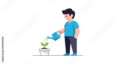 Young Gardener Watering a Potted Plant for Growth. Vector Illustrations. EPS Editable