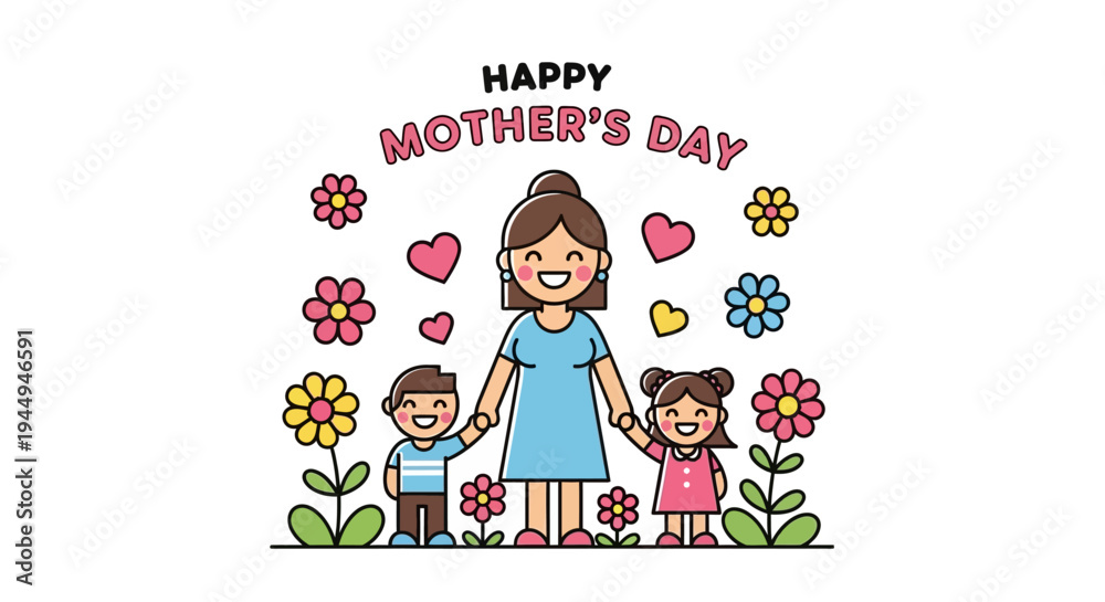 Obraz premium Joyful Mother's Day celebration featuring a loving mother embracing her happy children surrounded by vibrant blooming flowers, a heartwarming scene depicting family bonds and happiness