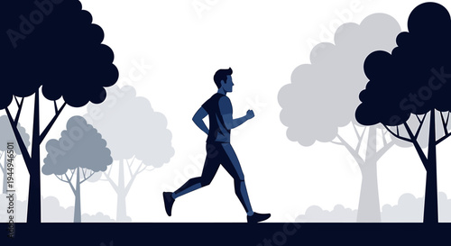 Active Runner In Park Silhouette During Quiet Morning Run. Vector Illustrations. EPS Editable