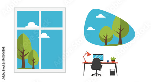 Bright Home Office Scene With Window View And Outdoor Elements. Vector Illustrations. EPS Editable