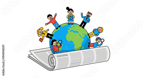 Diverse group of people collaborating around the globe on a newspaper